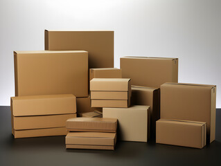 A collection of stacked cardboard boxes in various sizes, ready for shipping, storage, or relocation. Plain background.
