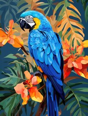 Blue Parrot Perched on Branch with Vivid Colors and Artistic Details