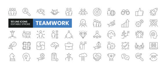 Set of 50 Teamwork line icons set. Teamwork outline icons with editable stroke collection. Includes Teamwork, Presentation, Team, Communication, Human Resources and More.