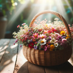 Fototapeta na wymiar Photo of a woven basket filled with a variety of small colorful flowers, placed on a wooden table with sunlight