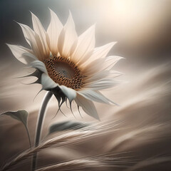 Photo of a single, delicate sunflower with slender petals, softly swaying against a gentle breeze with a blurred background