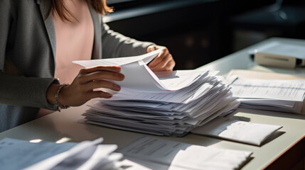 Businesswoman hands working in Stacks of paper files for searching information on work desk in office, business report papers.