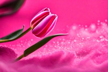 lovely pink tulip resting in pink powder.postcard, cosmetics, macro, naturalness, beauty, romance, and banner.