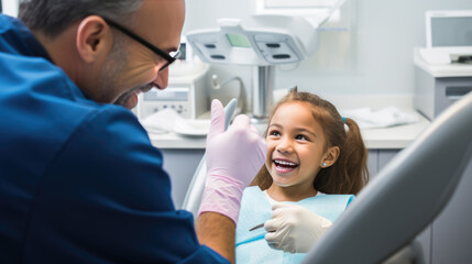Little girl smiles at a dentist appointment. - obrazy, fototapety, plakaty
