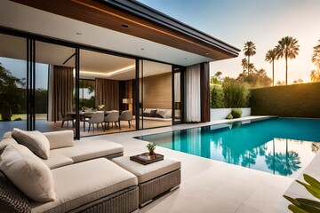 Luxury villa by the sea with pool in garden. Generative AI - obrazy, fototapety, plakaty