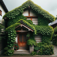Photo of a traditional house with its front wall densely covered in green ivy leaves, with a wooden door peeking through the foliage