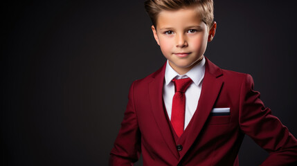 Little boy dressed as a businessman stands against a black background.