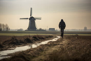 Person walking in typical dutch landscape with windmill in background - obrazy, fototapety, plakaty