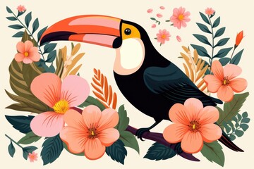 Colorful Toucan Perched on Branch Amidst Vibrant Blossoms