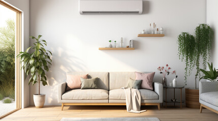 Fototapeta na wymiar Air conditioner on white wall in modern room with stylish grey sofa