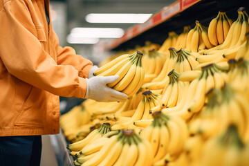 Supermarket worker placing bananas on store. Close up shot of unrecognizable person - obrazy, fototapety, plakaty