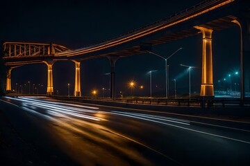 Nighttime scene of an empty road with a city viaduct bridge and neon lights.