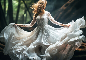 Woman dancing in the forest wearing a white flowing silk dress. AI generated