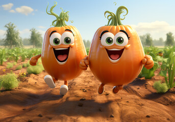 Happy cartoon of fresh vegetables running in a field with a big smile. AI generated