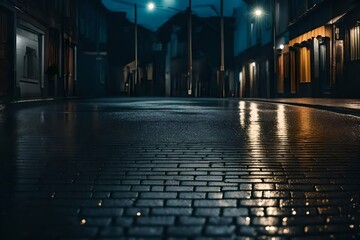 the background is . The damp pavement reflects the dark street. - obrazy, fototapety, plakaty