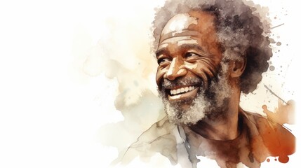 Smiling Old Black Man with Brown Curly Hair Watercolor Illustration. Portrait of Casual Person on white background with copy space. Photorealistic Ai Generated Horizontal Illustration.