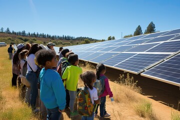 Solar panels capturing sunlight and generating clean energy. A diverse group of onlookers, including children, observes the panels, symbolizing the transition to sustainable energy sources.
