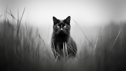 un chat noir assis dans les hautes herbes, temps brumeux - noir et blanc - obrazy, fototapety, plakaty