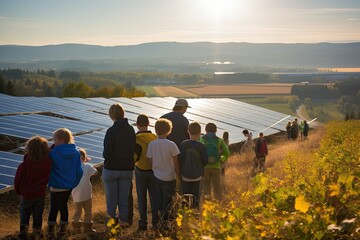 Solar panels capturing sunlight and generating clean energy. A diverse group of onlookers, including children, observes the panels, symbolizing the transition to sustainable energy sources.
