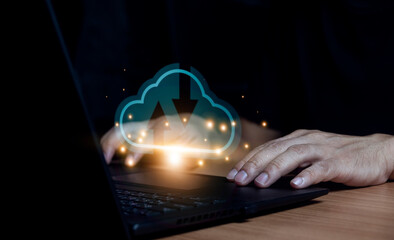 Businessman's hands hold cloud technology transfer, data storage, network, internet, server...