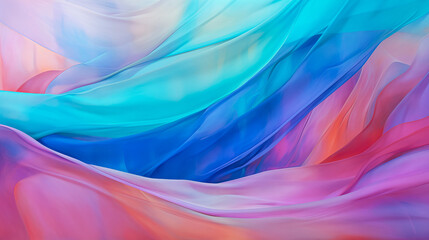 Blue dreamy pastel watercolor flowing waves backdrop., Purple, orange, yellow soft painted wavy folds. Abstract art luxury color wave background. Silk drape waves background for banner copy space