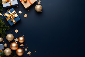 Christmas greeting card with golden baubles, stars, gift, tree, & dark blue background 