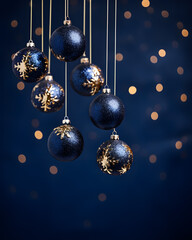 Blue Christmas tinsel balls with golden snowflakes, dark blue background with gold bokeh