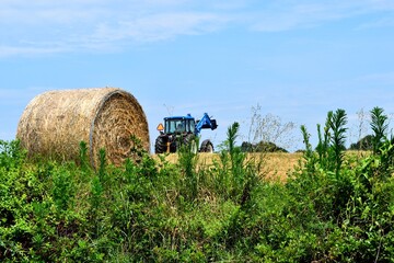 Tractor at farm moving bales of hay .