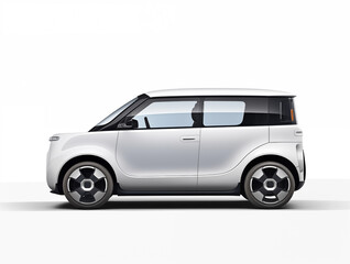 Side view of a small, white electric city car on a white background