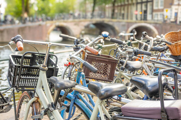 Several Bicycles on a Canal in Amsterdam