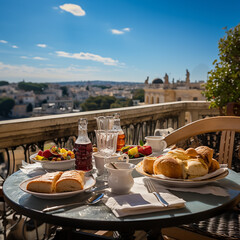 Breakfast on a balcony in Rome. Luxury tourist resort breakfast in hotel room.
 - obrazy, fototapety, plakaty