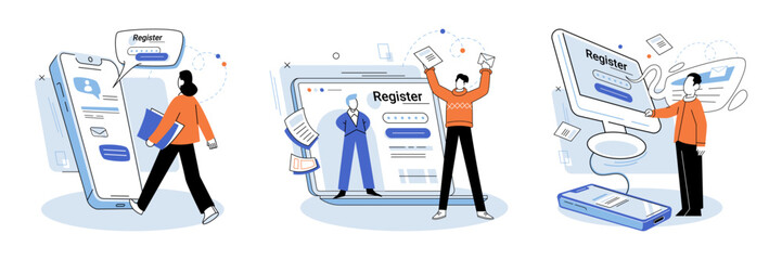 Obraz na płótnie Canvas Registration online. Vector illustration. Safety measures should be implemented during online registration to protect user data Entering accurate information is vital for successful online Entering