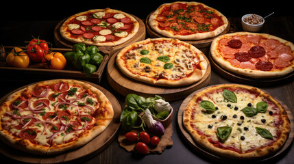 Fototapeta na wymiar Set of Fresh Italian Pizzas on wooden table.