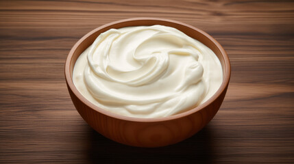 Sour cream in a bowl on a wooden background - obrazy, fototapety, plakaty