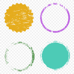 Distressed grunge circle stamps in pastel colors. Scratched blank seal stamps. Rough badge labels.