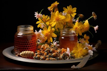 An artistic arrangement of a plate adorned with beautiful flowers and a small jar of sweet honey. Generative AI