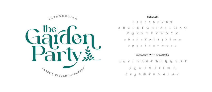 The Garden Party Complete Typography: Elegant, Stylish Alphabet Letters, Ligatures, and Numbers. Vector illustration