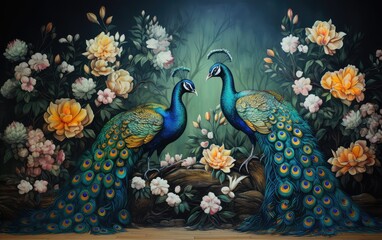 Exceptionally beautiful wall-hanging paintings, featuring a combination of animals, plants, flowers, and abstract elements. Created by AI