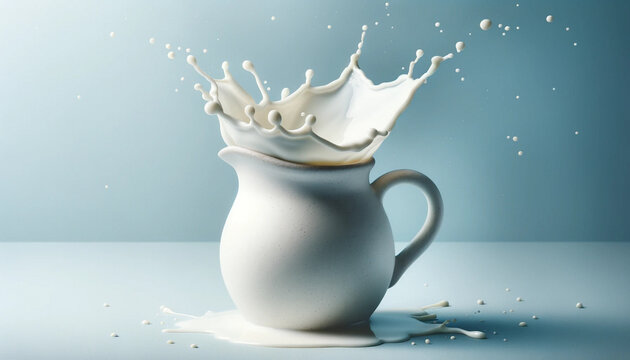 Photo of a white ceramic jug filled with milk, with a splash as droplets fly, set against a light blue background.