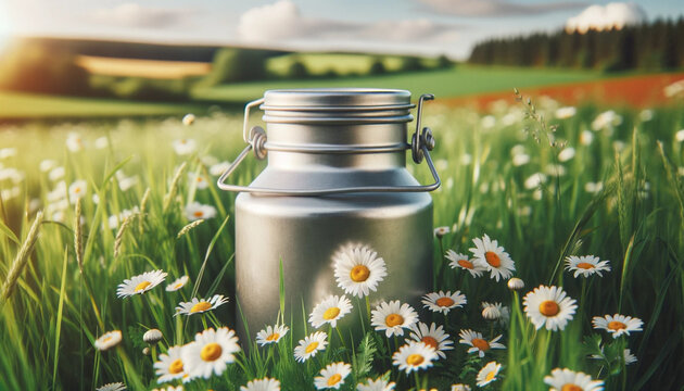 Photo of a metal milk can with a lid, set in a grassy field with daisies, signifying organic and fresh produce.