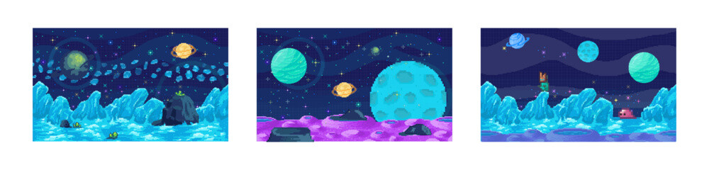 Space game. Vector illustration. The vastness space offers endless possibilities for exploration in space game The pixelated graphics and 8-bit art style create nostalgic retro vibe in game Navigating