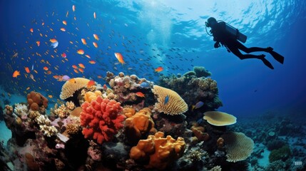 Naklejka na ściany i meble diver snorkeling in a beautiful coral generative ai