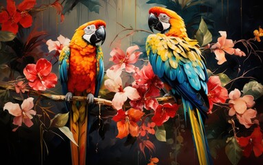 Fototapeta premium Exceptionally beautiful wall-hanging paintings, featuring a combination of animals, plants, flowers, and abstract elements. Created by AI