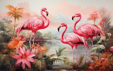 Fototapeta premium Exceptionally beautiful wall-hanging paintings, featuring a combination of animals, plants, flowers, and abstract elements. Created by AI