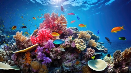Naklejka na ściany i meble diver snorkeling in a beautiful coral generative ai