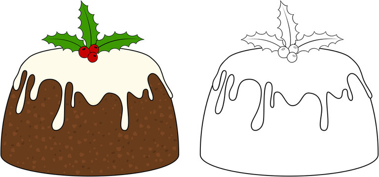 Christmas pudding with holly. Coloring book page for children. Colored and outline illustration isolated on transparent background.