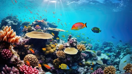 diver snorkeling in a beautiful coral generative ai