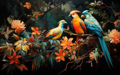 Obraz premium Exceptionally beautiful wall-hanging paintings, featuring a combination of animals, plants, flowers, and abstract elements. Created by AI