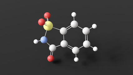 saccharin molecule, molecular structure, artificial sweetener e954, ball and stick 3d model, structural chemical formula with colored atoms