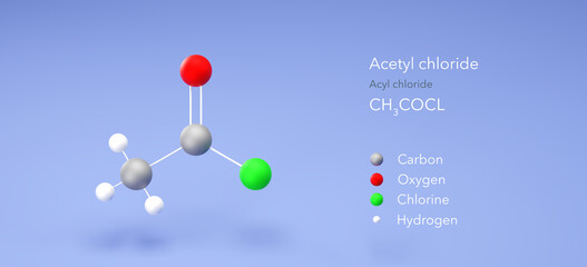 acetyl chloride molecule, molecular structures, acyl chloride, 3d model, Structural Chemical Formula and Atoms with Color Coding